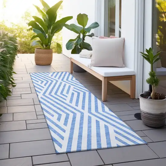 8' Runner Blue and Ivory Geometric Washable Non Skid Indoor Outdoor Runner Rug Photo 8