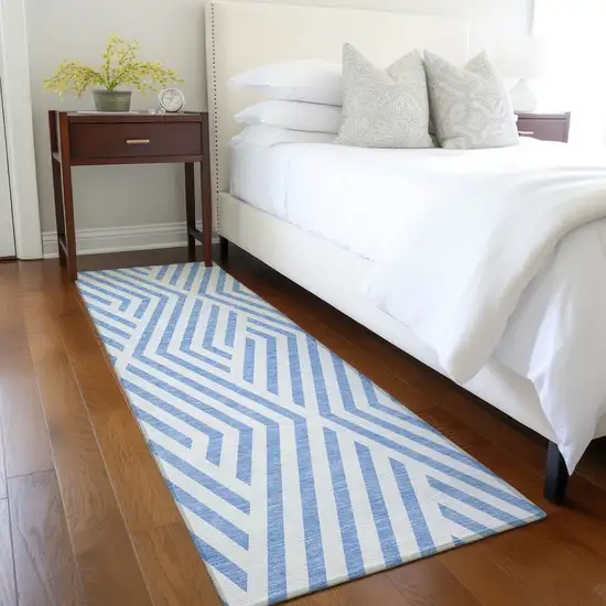 Blue and Ivory Geometric Washable Non Skid Indoor Outdoor Runner Rug Photo 9