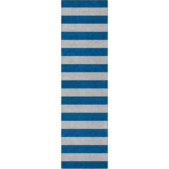 8' Runner Blue and Ivory Striped Washable Non Skid Indoor Outdoor Runner Rug Photo 4