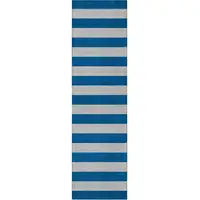 Photo of 8' Runner Blue and Ivory Striped Washable Non Skid Indoor Outdoor Runner Rug