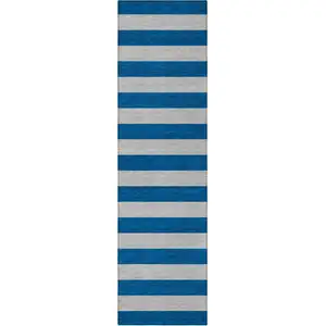 Photo of 8' Runner Blue and Ivory Striped Washable Non Skid Indoor Outdoor Runner Rug