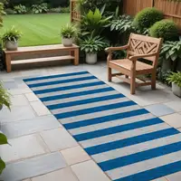 Photo of 8' Runner Blue and Ivory Striped Washable Non Skid Indoor Outdoor Runner Rug