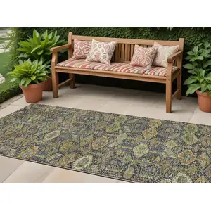 Photo of 8' Runner Blue and Orange Floral Washable Non Skid Indoor Outdoor Runner Rug