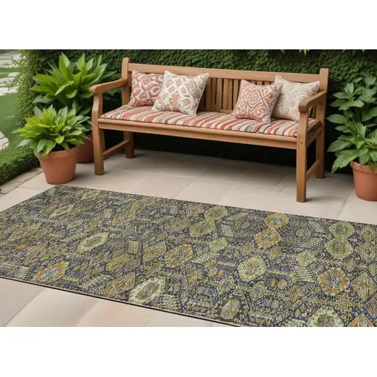 8' Runner Blue and Orange Floral Washable Non Skid Indoor Outdoor Runner Rug Photo 1