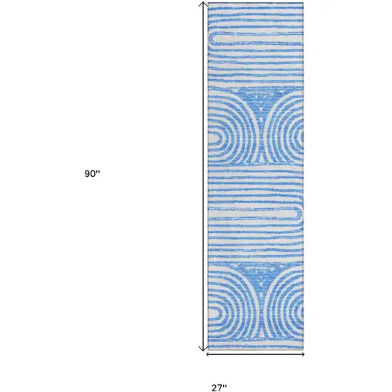 Blue and White Abstract Washable Non Skid Indoor Outdoor Runner Rug Photo 3