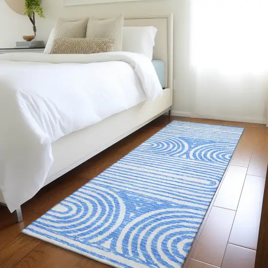 Blue and White Abstract Washable Non Skid Indoor Outdoor Runner Rug Photo 9