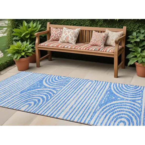 Blue and White Abstract Washable Non Skid Indoor Outdoor Runner Rug Photo 1