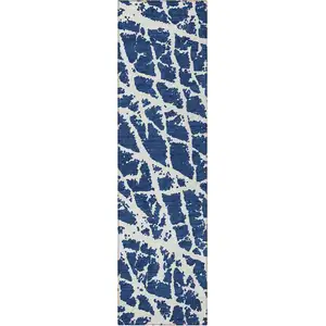 Photo of 8' Runner Blue and White Abstract Washable Non Skid Indoor Outdoor Runner Rug