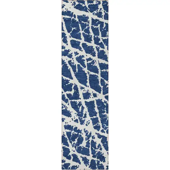 8' Runner Blue and White Abstract Washable Non Skid Indoor Outdoor Runner Rug Photo 5