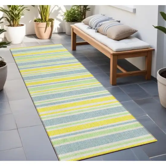 Blue and Yellow Striped Washable Indoor Outdoor Runner Rug Photo 1