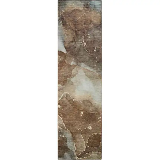 8' Runner Brown Abstract Washable Non Skid Indoor Outdoor Runner Rug Photo 2