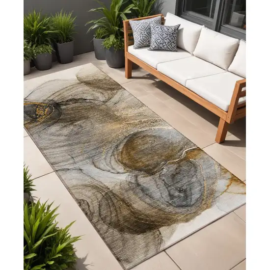 Brown Abstract Washable Non Skid Indoor Outdoor Runner Rug Photo 1