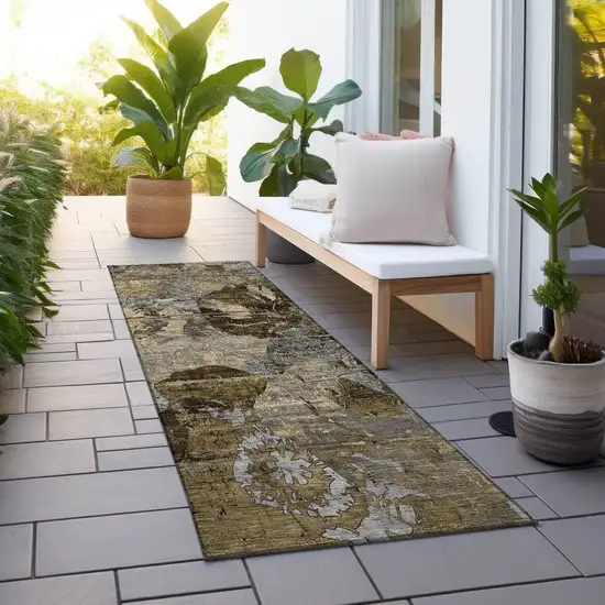 8' Runner Brown Terracotta and Gray Floral Washable Non Skid Indoor Outdoor Runner Rug Photo 7