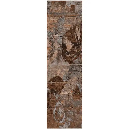 Brown Terracotta and Gray Abstract Washable Indoor Outdoor Runner Rug Photo 2