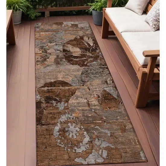 Brown Terracotta and Gray Abstract Washable Indoor Outdoor Runner Rug Photo 1