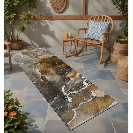 8' Runner Brown and Gray Abstract Washable Non Skid Indoor Outdoor Runner Rug Photo 1