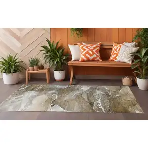 Photo of 8' Runner Brown and Gray Abstract Washable Non Skid Indoor Outdoor Runner Rug