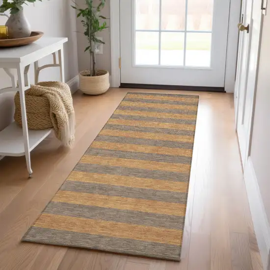 8' Runner Brown and Tan Striped Washable Non Skid Indoor Outdoor Runner Rug Photo 9