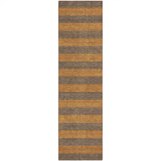 Brown and Tan Striped Washable Non Skid Indoor Outdoor Runner Rug Photo 2