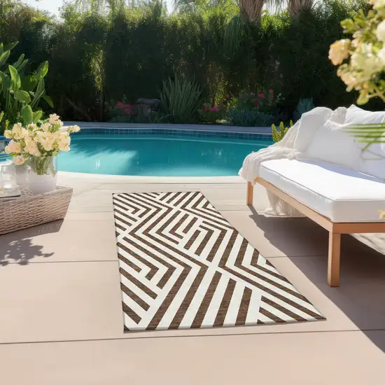 Brown and White Geometric Washable Non Skid Indoor Outdoor Runner Rug Photo 8