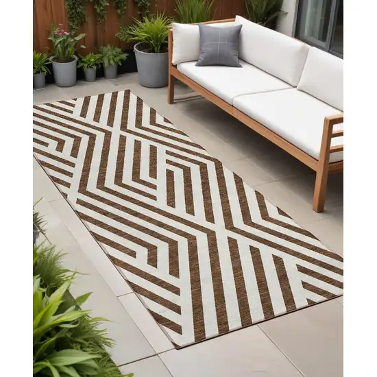 8' Runner Brown and White Geometric Washable Non Skid Indoor Outdoor Runner Rug Photo 1