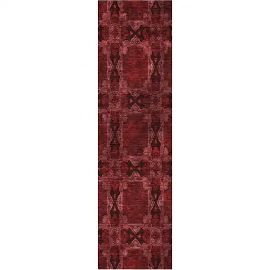 8' Runner Burgundy and Black Floral Medallion Washable Non Skid Indoor Outdoor Runner Rug Photo 5