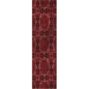 Photo of 8' Runner Burgundy and Black Floral Medallion Washable Non Skid Indoor Outdoor Runner Rug