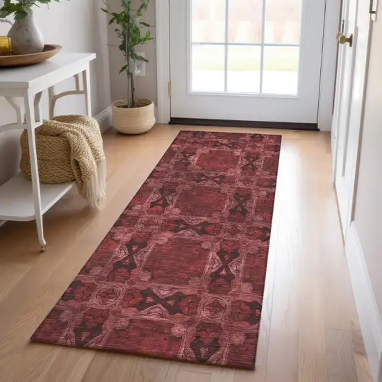 Burgundy and Black Floral Medallion Washable Non Skid Indoor Outdoor Runner Rug Photo 9