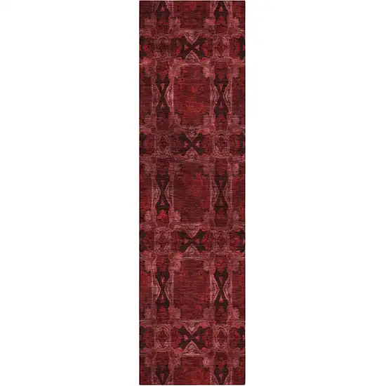 8' Runner Burgundy and Black Floral Medallion Washable Non Skid Indoor Outdoor Runner Rug Photo 2