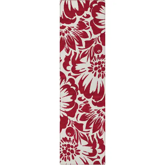 8' Runner Burgundy and White Floral Washable Non Skid Indoor Outdoor Runner Rug Photo 5