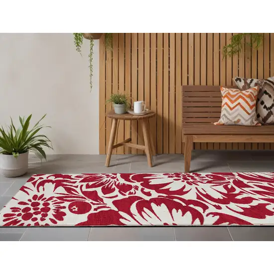 Burgundy and White Floral Washable Non Skid Indoor Outdoor Runner Rug Photo 1