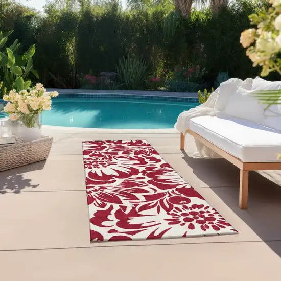 8' Runner Burgundy and White Floral Washable Non Skid Indoor Outdoor Runner Rug Photo 8