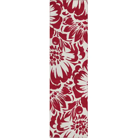 8' Runner Burgundy and White Floral Washable Non Skid Indoor Outdoor Runner Rug Photo 2