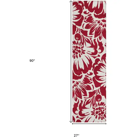 Burgundy and White Floral Washable Non Skid Indoor Outdoor Runner Rug Photo 3