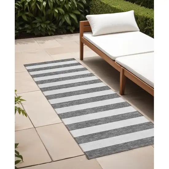 8' Runner Charcoal Striped Washable Non Skid Indoor Outdoor Runner Rug Photo 1