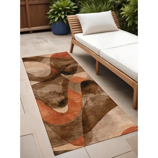 Chocolate Abstract Washable Non Skid Indoor Outdoor Runner Rug Photo 1