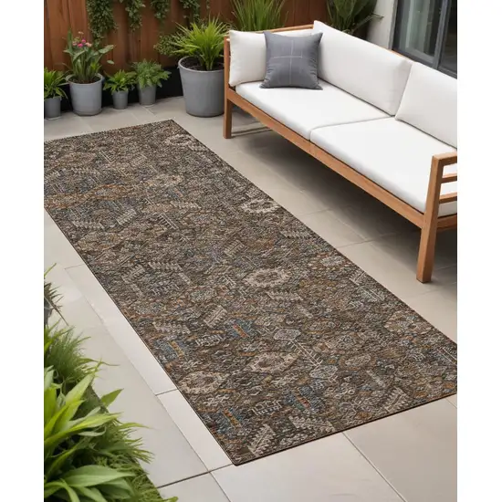 8' Runner Chocolate Floral Washable Non Skid Indoor Outdoor Runner Rug Photo 1