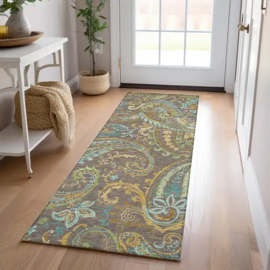 Brown Aqua and Gold Paisley Washable Non Skid Indoor Outdoor Area Rug Photo 8