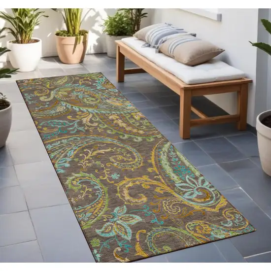 Brown Aqua and Gold Paisley Washable Non Skid Indoor Outdoor Area Rug Photo 1