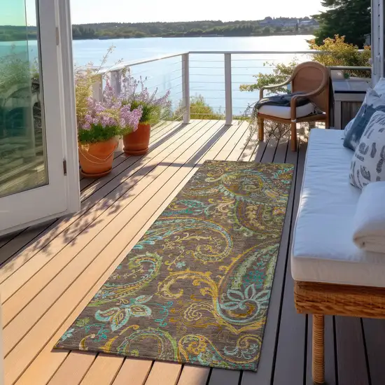 Brown Aqua and Gold Paisley Washable Non Skid Indoor Outdoor Area Rug Photo 7