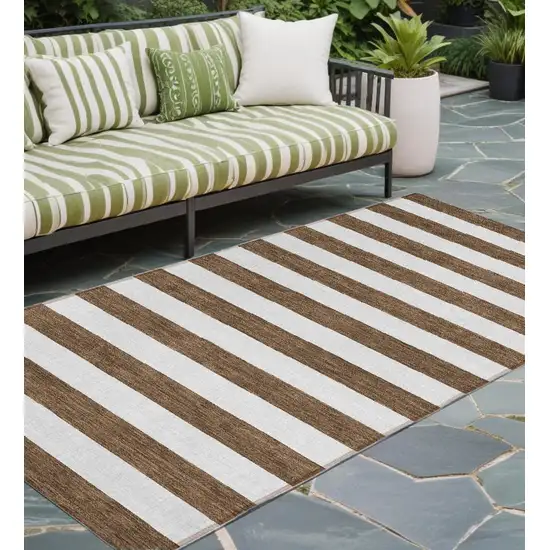 8' Runner Chocolate Striped Washable Non Skid Indoor Outdoor Runner Rug Photo 1