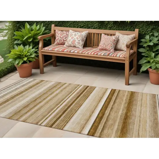 Chocolate Striped Washable Indoor Outdoor Runner Rug Photo 1