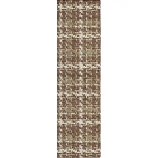 8' Runner Chocolate and Ivory Plaid Washable Non Skid Indoor Outdoor Runner Rug Photo 2