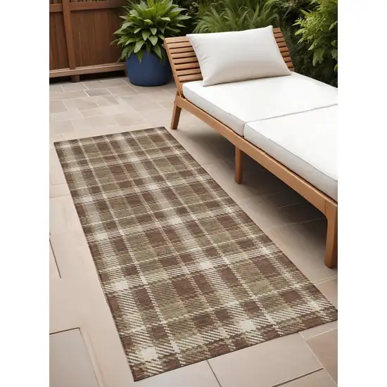 8' Runner Chocolate and Ivory Plaid Washable Non Skid Indoor Outdoor Runner Rug Photo 1