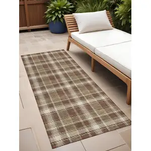 Photo of 8' Runner Chocolate and Ivory Plaid Washable Non Skid Indoor Outdoor Runner Rug