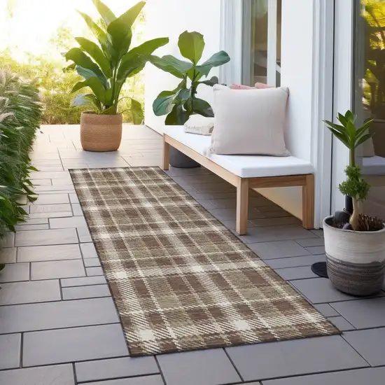 8' Runner Chocolate and Ivory Plaid Washable Non Skid Indoor Outdoor Runner Rug Photo 8