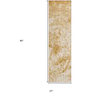 Photo of 8' Runner Cream and Gold Abstract Washable Non Skid Indoor Outdoor Runner Rug