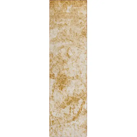 Cream and Gold Abstract Washable Non Skid Indoor Outdoor Runner Rug Photo 2