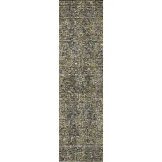 8' Runner Dark Moss Green and Gray Oriental Washable Non Skid Indoor Outdoor Runner Rug Photo 5