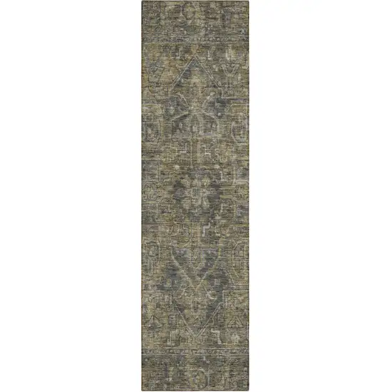 8' Runner Dark Moss Green and Gray Oriental Washable Non Skid Indoor Outdoor Runner Rug Photo 2